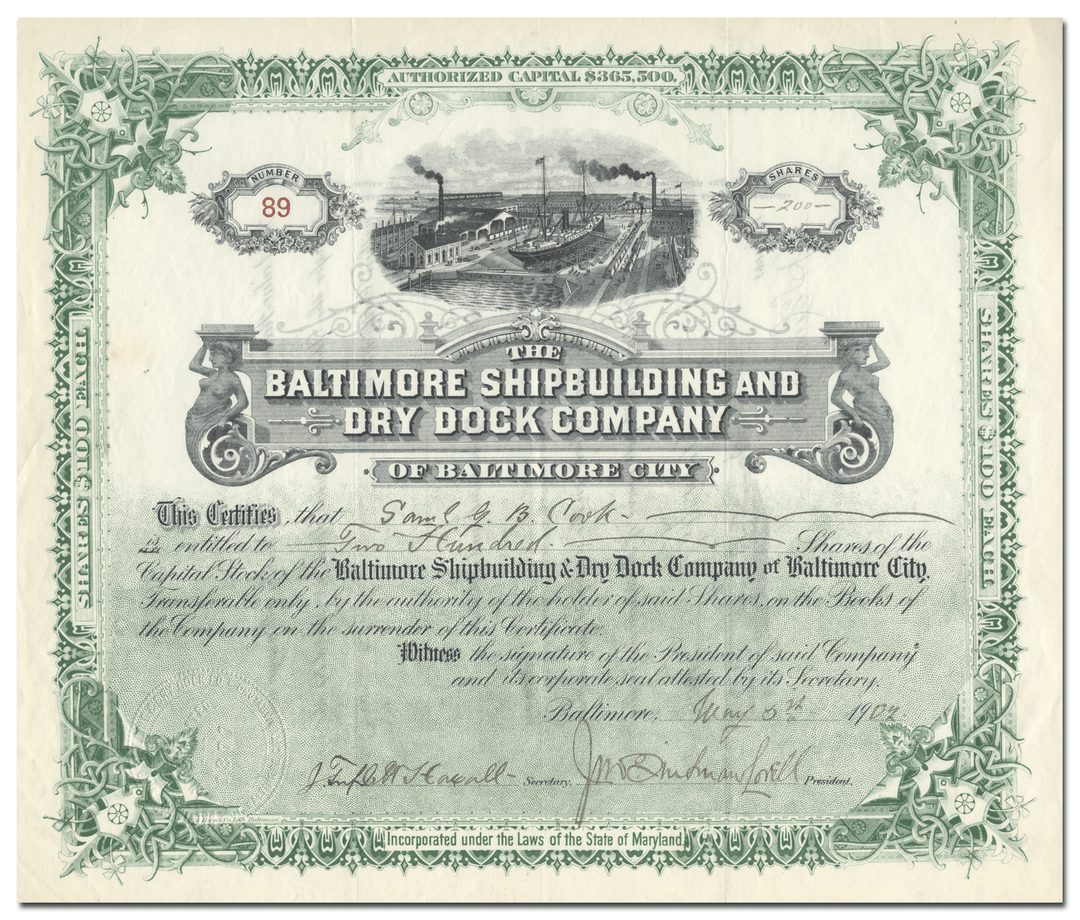 Baltimore Shipbuilding and Dry Dock Company Stock Certificate