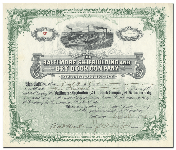 Baltimore Shipbuilding and Dry Dock Company Stock Certificate