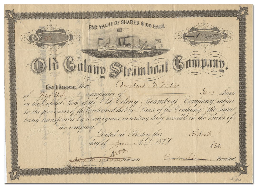 Old Colony Steamboat Company Stock Certificate