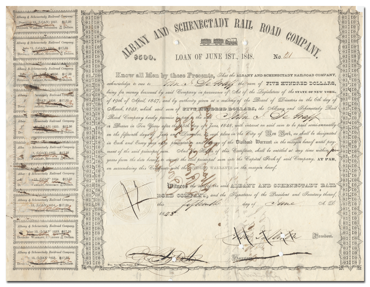 Albany and Schenectady Rail Road Company Bond Certificate