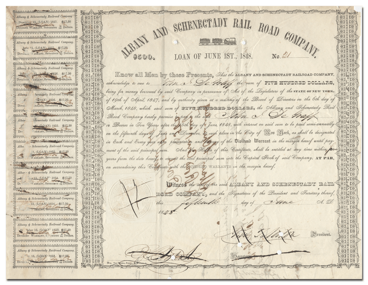 Albany and Schenectady Rail Road Company Bond Certificate