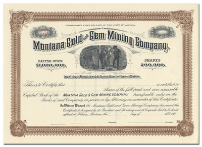 Montana Gold and Gem Mining Company Stock Certificate