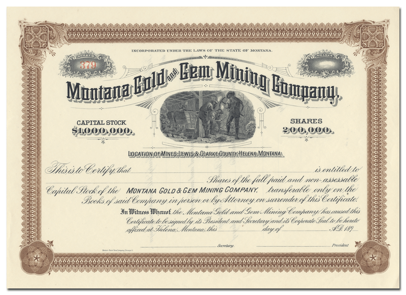 Montana Gold and Gem Mining Company Stock Certificate