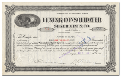 Luning Consolidated Silver Mines Co. Stock Certificate