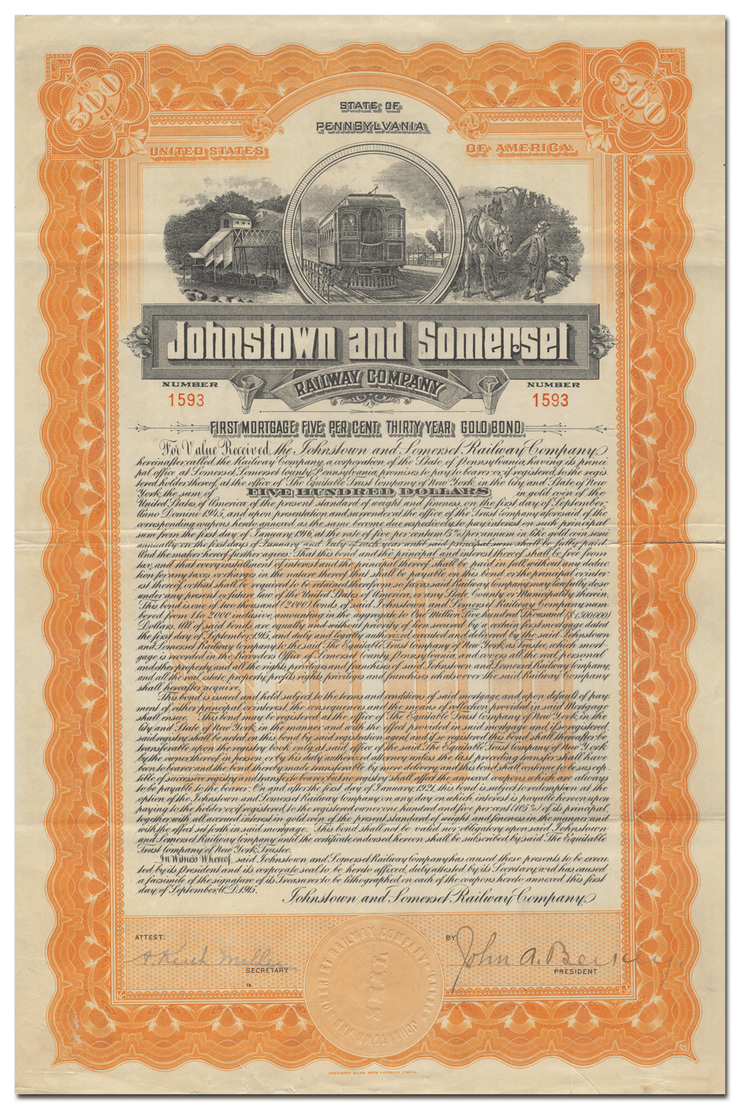 Johnstown and Somerset Railway Company Bond Certificate