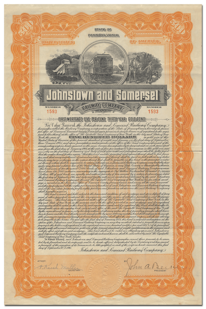 Johnstown and Somerset Railway Company Bond Certificate