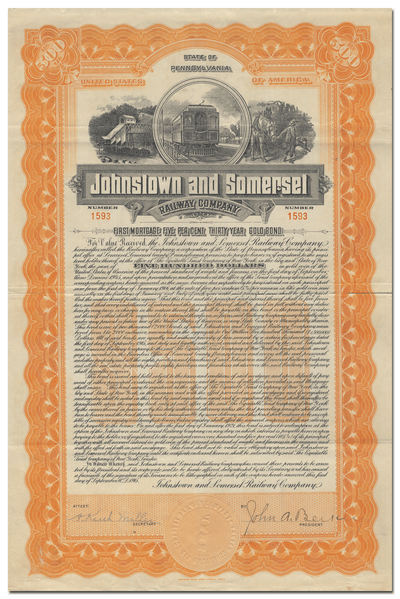 Johnstown and Somerset Railway Company Bond Certificate
