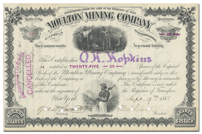 Moulton Mining Company Stock Certificate Signed by William A. Clark