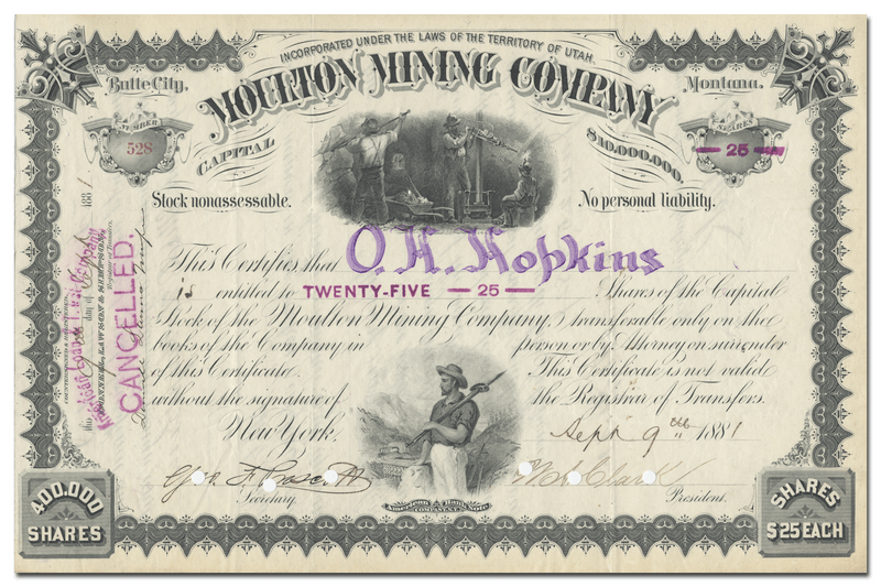 Moulton Mining Company Stock Certificate Signed by William A. Clark
