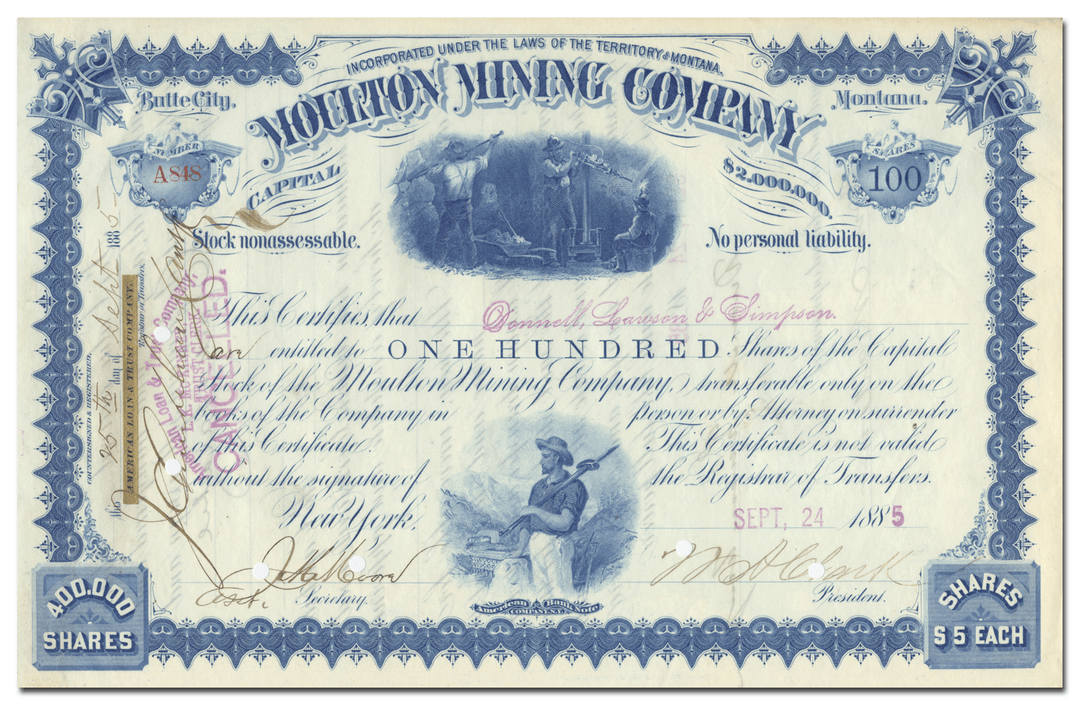 Moulton Mining Company Stock Certificate Signed by William A. Clark