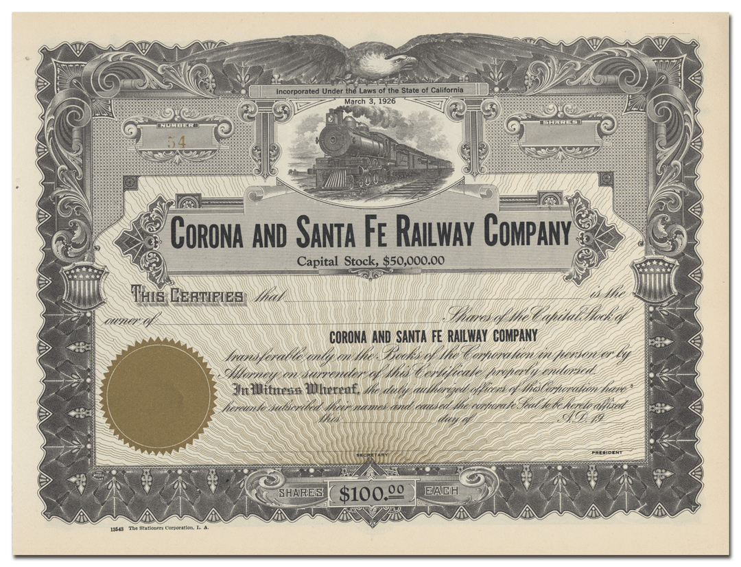 Corona and Santa Fe Railway Company Stock Certificate