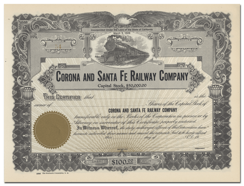 Corona and Santa Fe Railway Company Stock Certificate