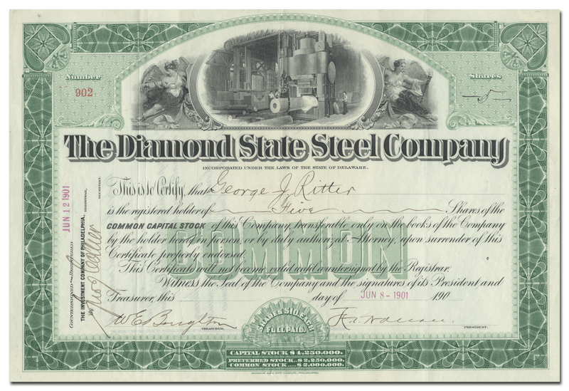 Diamond State Steel Company Stock Certificate