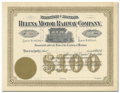 Helena Motor Railway Company Stock Certificate