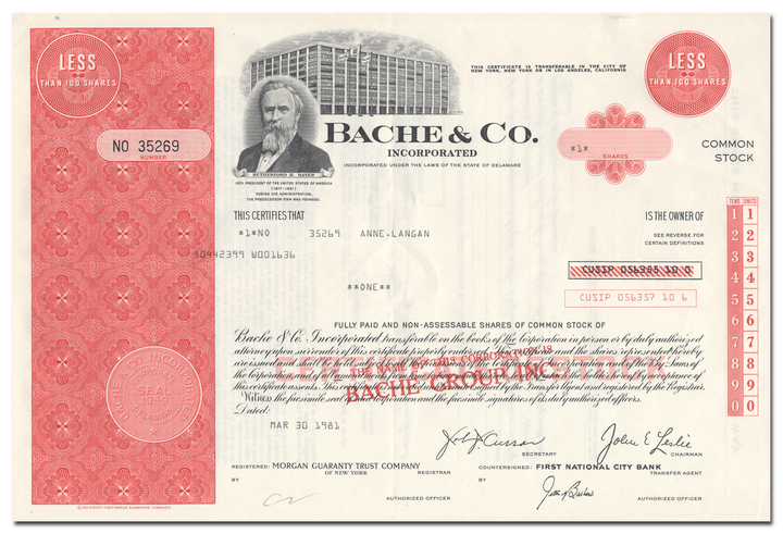 Bache & Co. Incorporated Stock Certificate