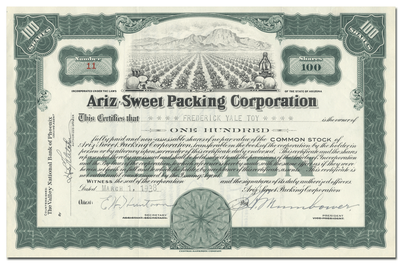 Ariz-Sweet Packing Corporation Stock Certificate