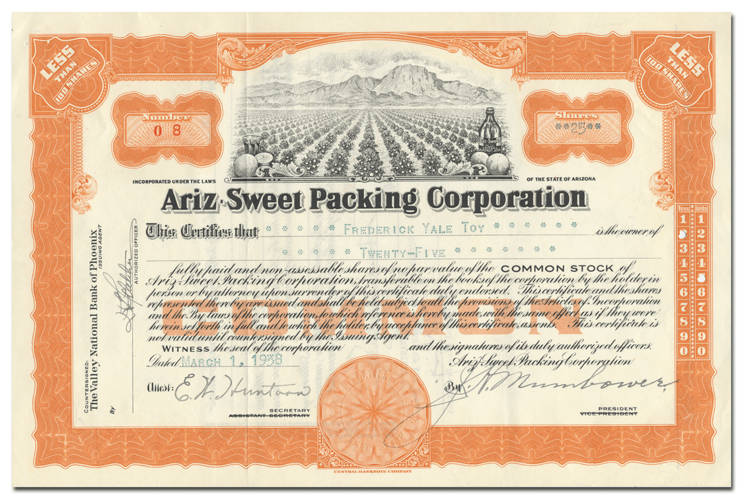 Ariz-Sweet Packing Corporation Stock Certificate