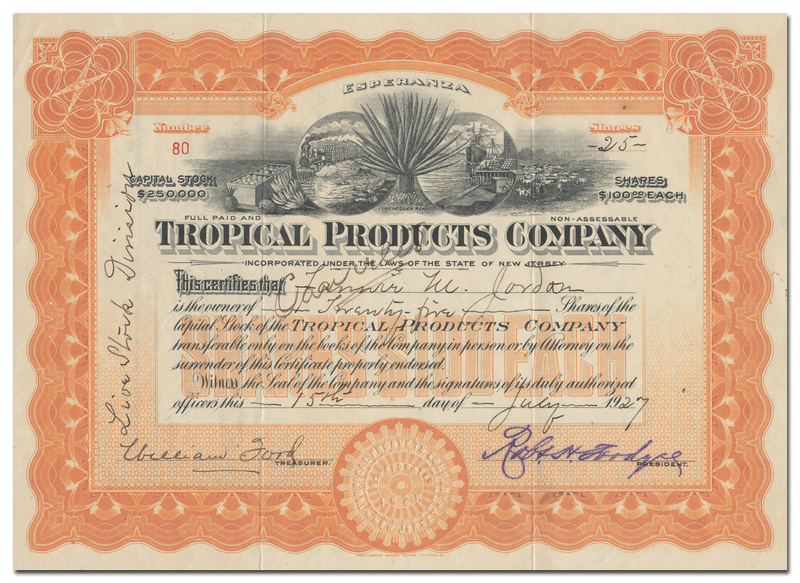 Tropical Products Company Stock Certificate