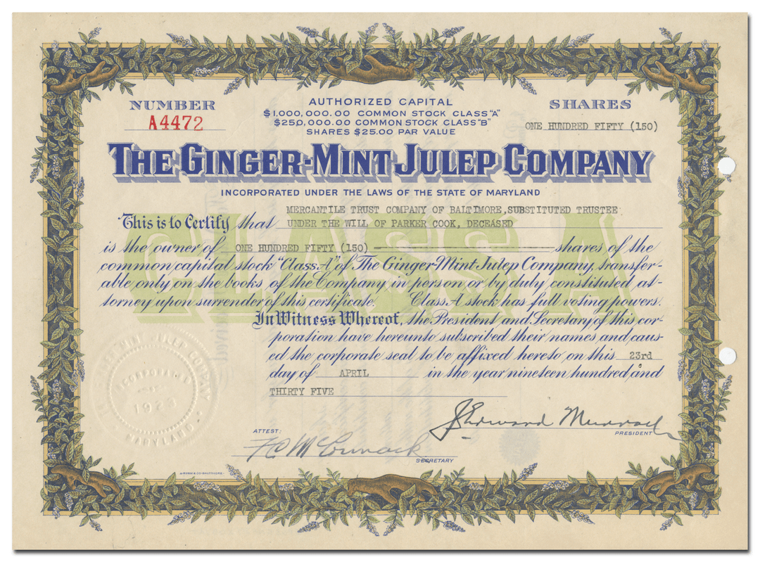 Ginger-Mint Julep Company Stock Certificate