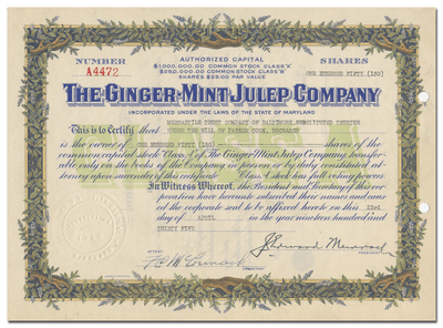 Ginger-Mint Julep Company Stock Certificate