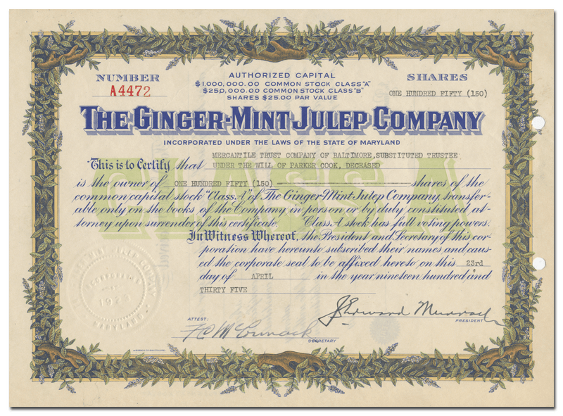 Ginger-Mint Julep Company Stock Certificate