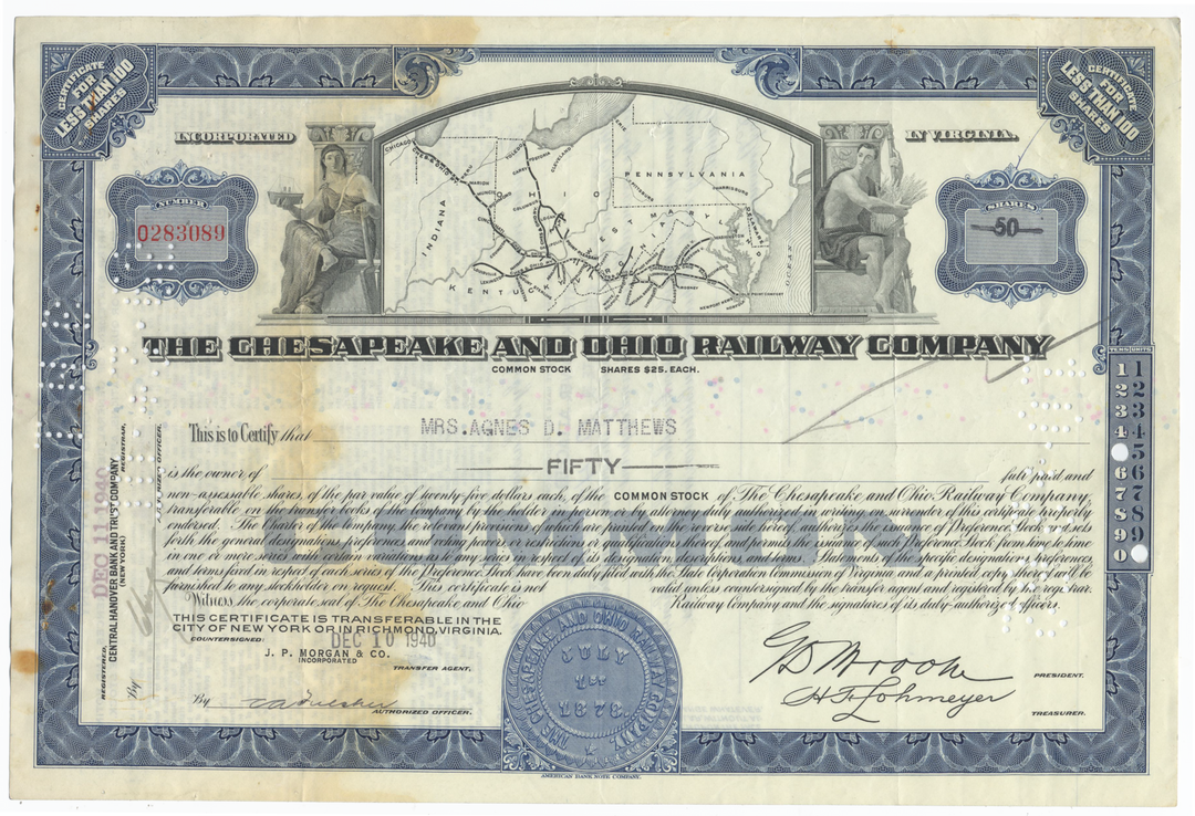 Chesapeake and Ohio Railway Company Stock Certificate