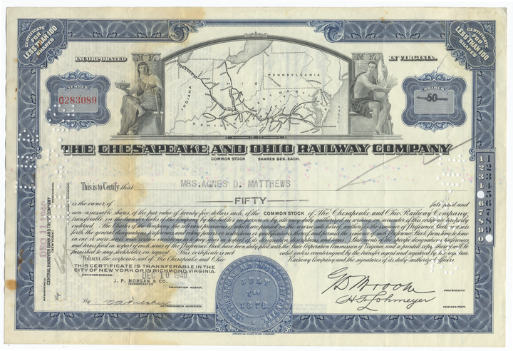 Chesapeake and Ohio Railway Company Stock Certificate