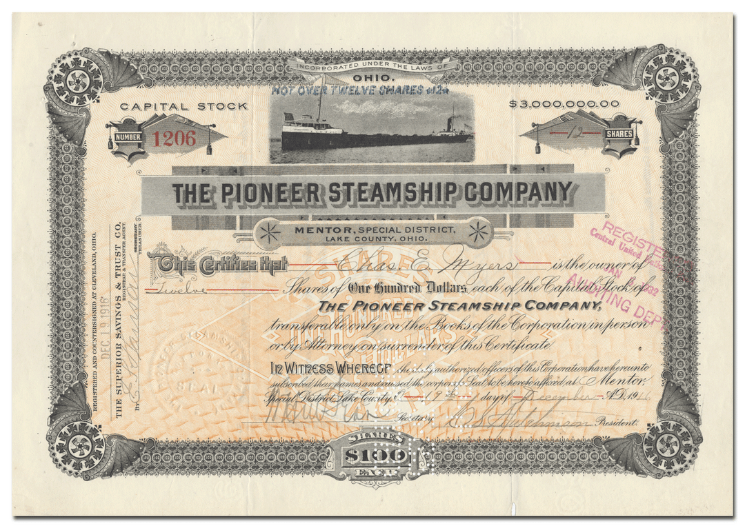 Pioneer Steamship Company Stock Certificate Signed by Charles Hutchinson