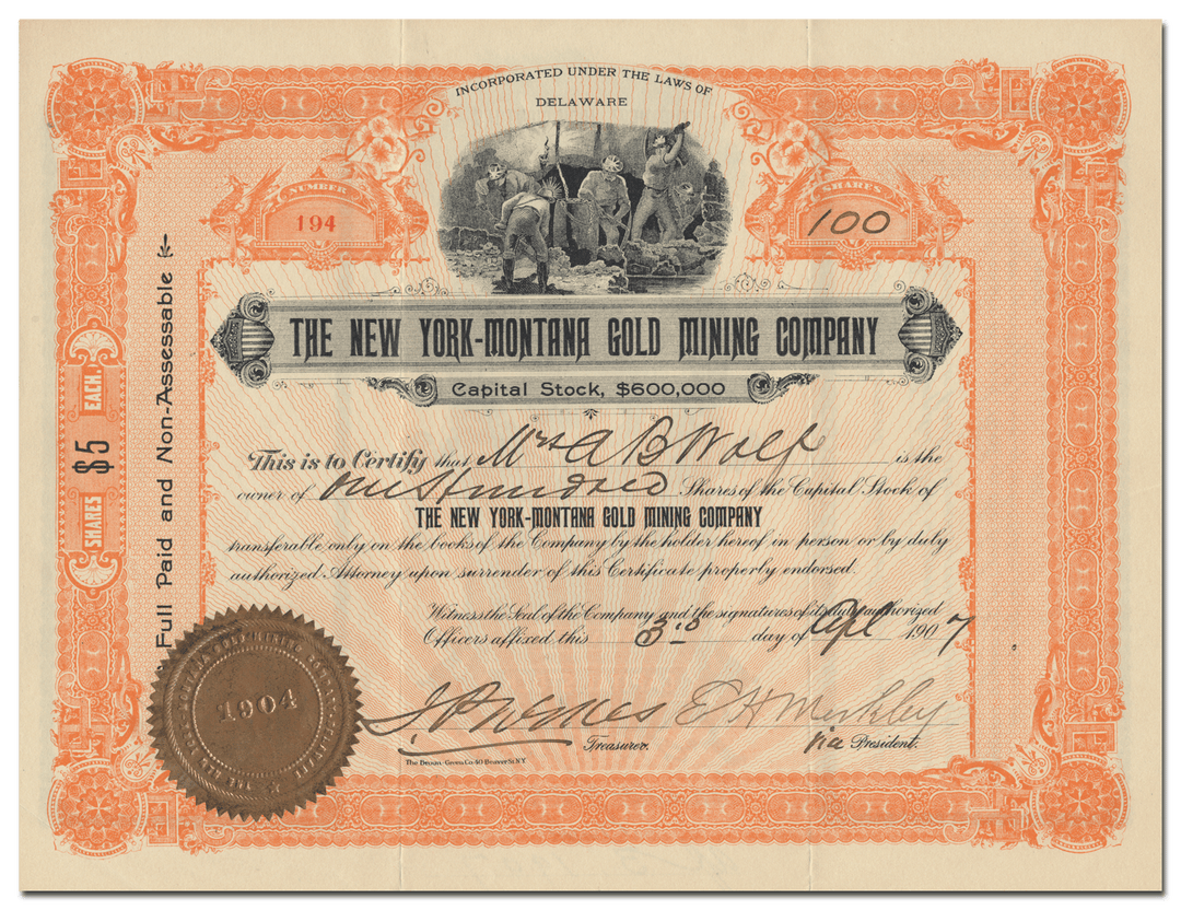 New York-Montana Gold Mining Company Stock Certificate