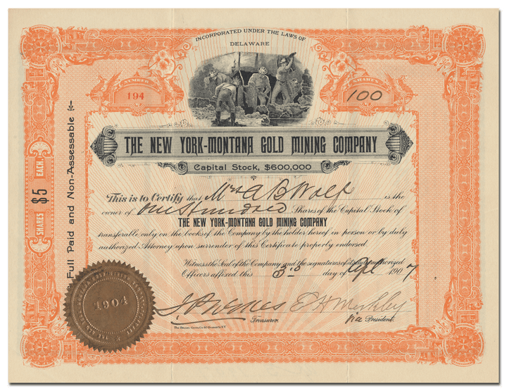 New York-Montana Gold Mining Company Stock Certificate