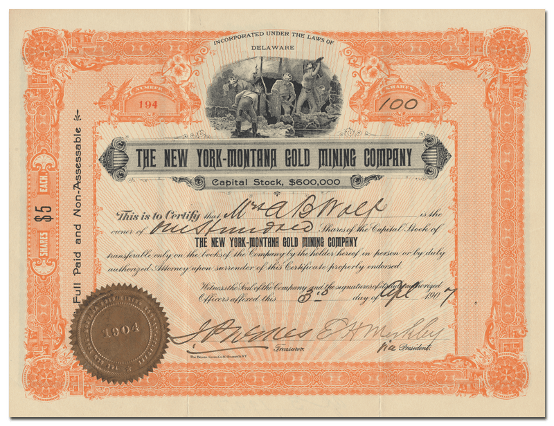 New York-Montana Gold Mining Company Stock Certificate
