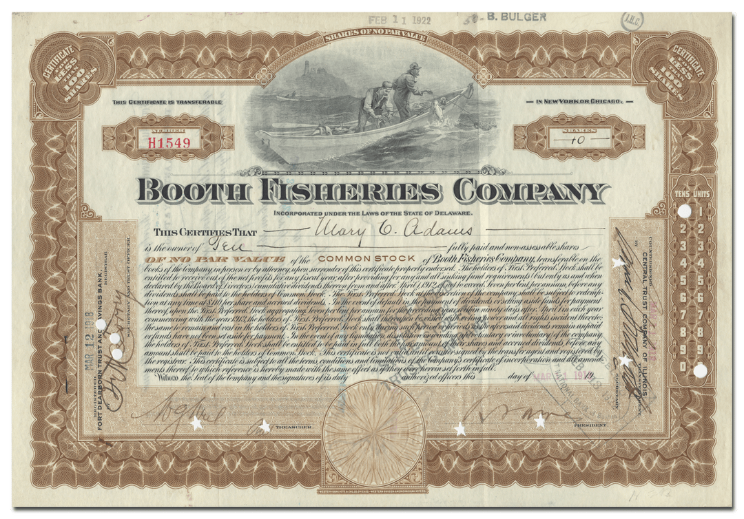 Booth Fisheries Company Stock Certificate