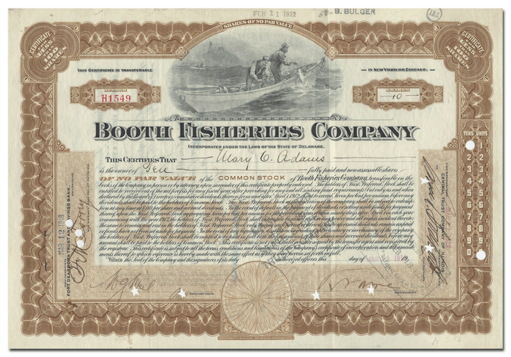 Booth Fisheries Company Stock Certificate