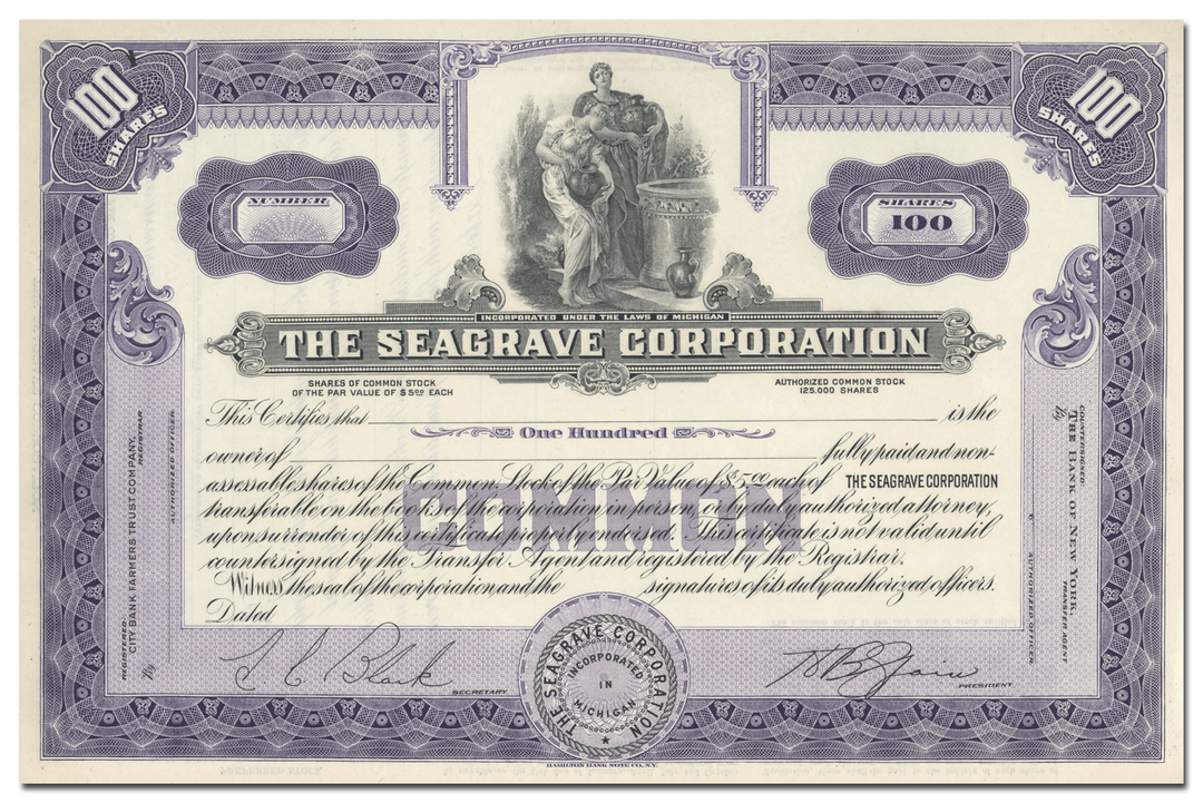 Seagrave Corporation Stock Certificate