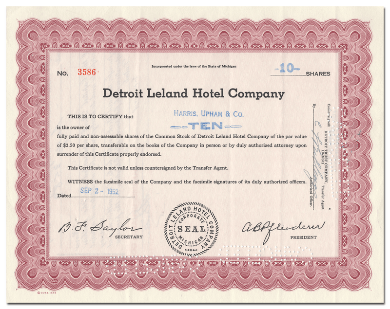 Detroit Leland Hotel Company Stock Certificate