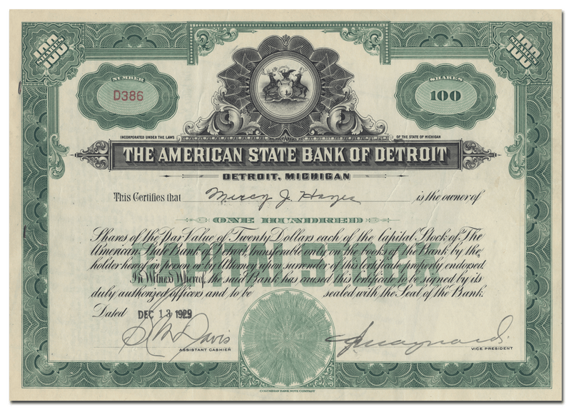 American State Bank of Detroit Stock Certificate