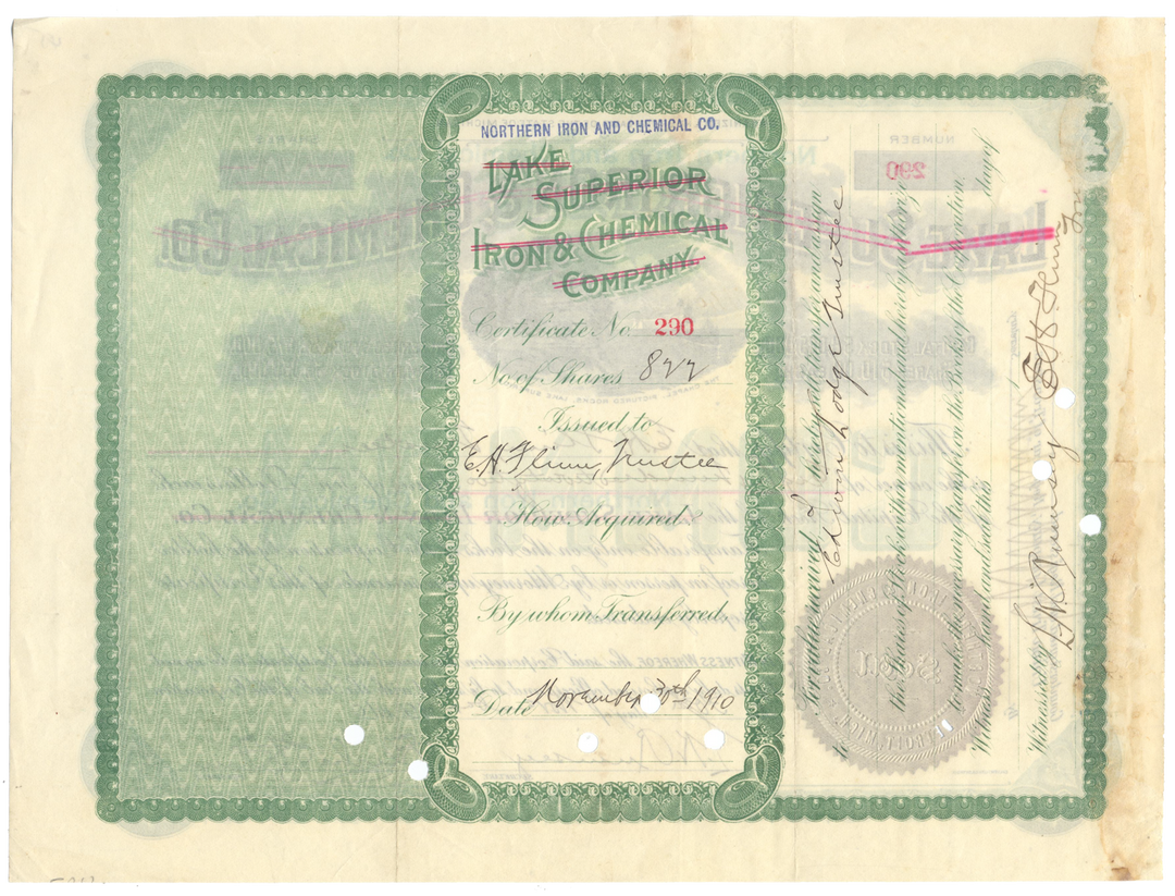 Lake Superior Iron & Chemical Co. Stock Certificate