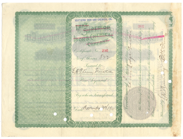 Lake Superior Iron & Chemical Co. Stock Certificate