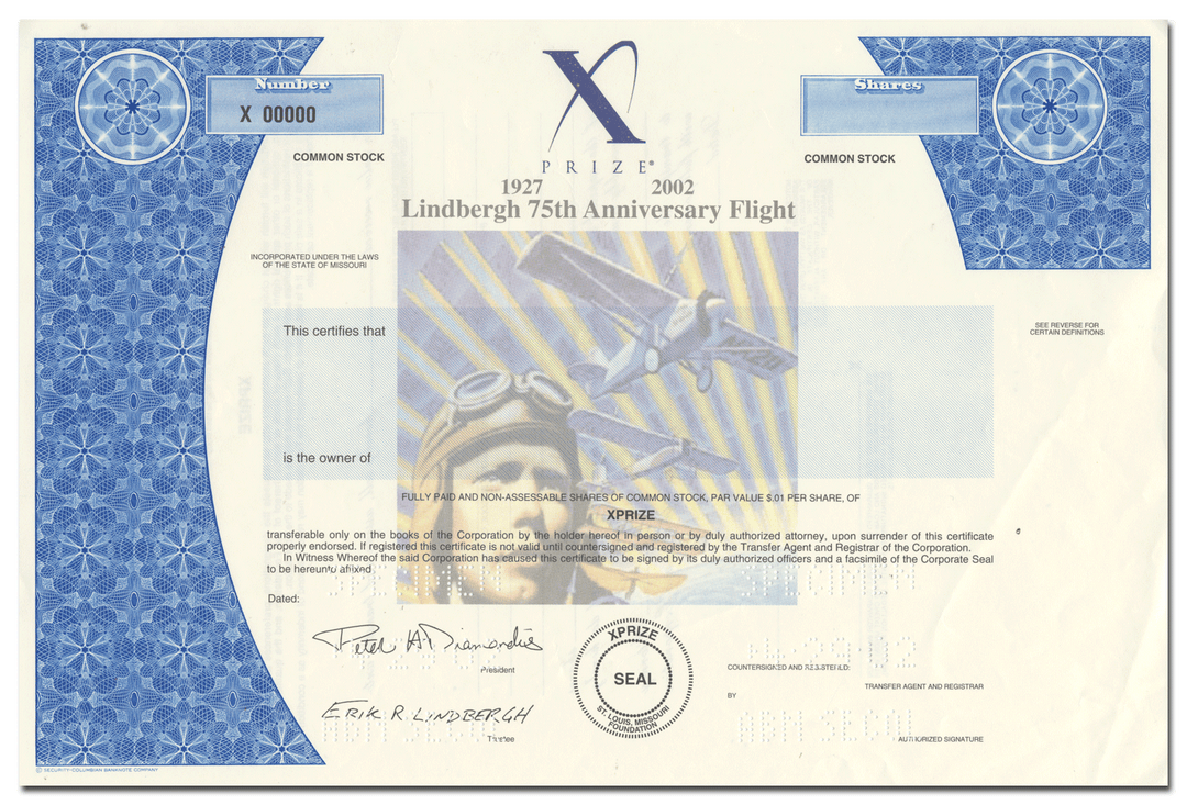 XPrize Specimen Stock Certificate