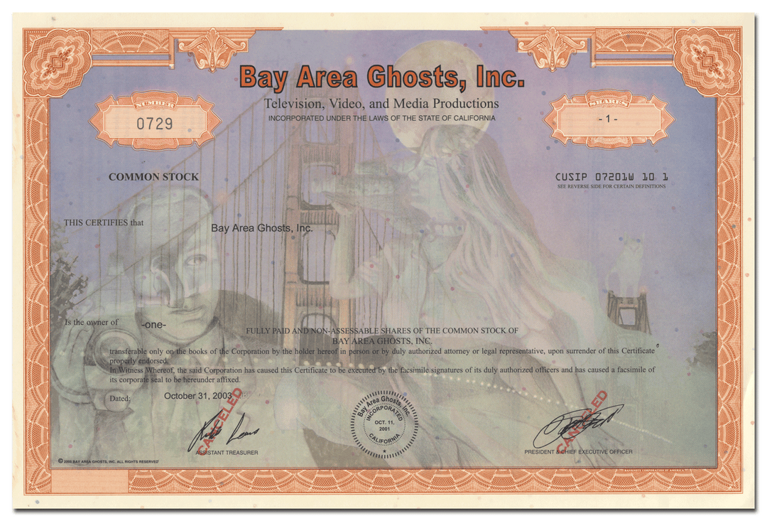 Bay Area Ghosts, Inc. Stock Certificate