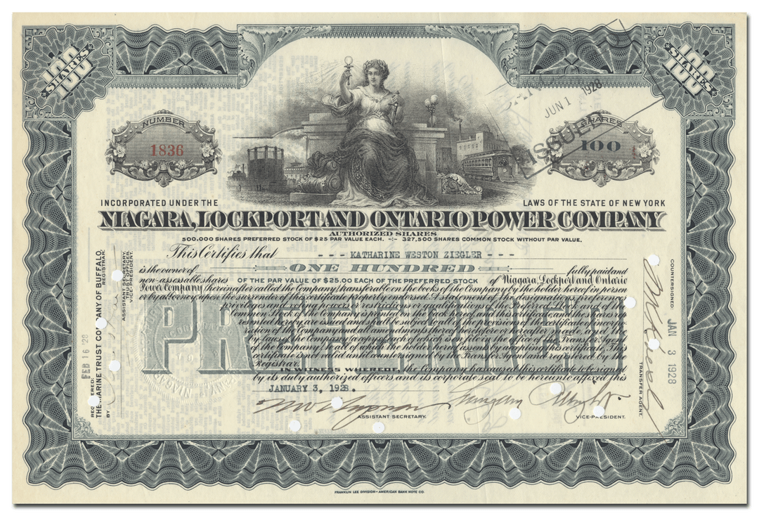 New York, Lockport and Ontario Power Company Stock Certificate