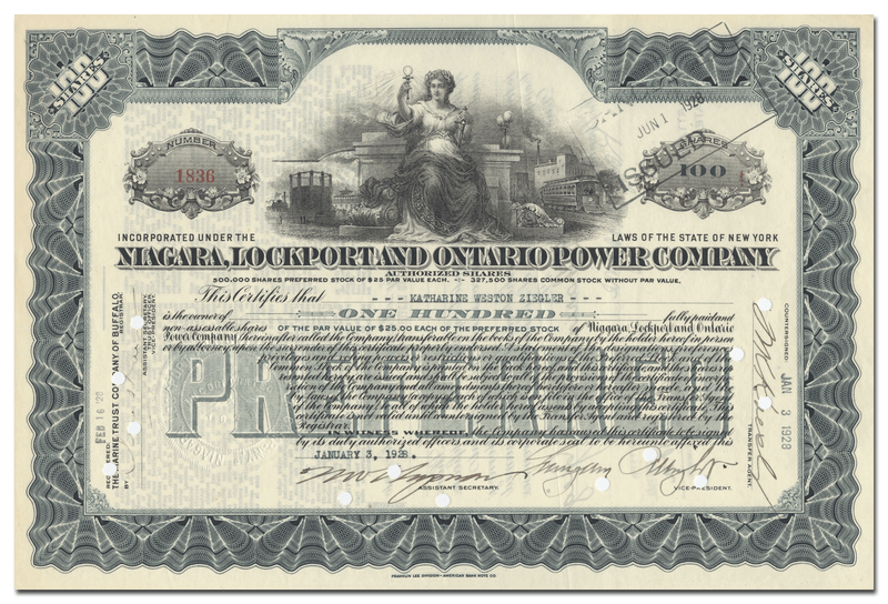 New York, Lockport and Ontario Power Company Stock Certificate