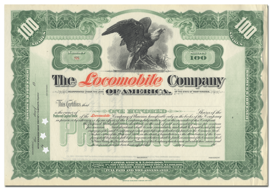 Locomobile Company of America Stock Certificate