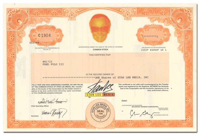 Stan Lee Media, Inc. Stock Certificate