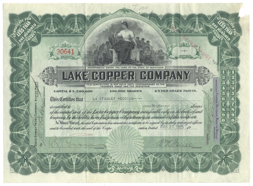 Lake Copper Company Stock Certificate Signed by William Paine