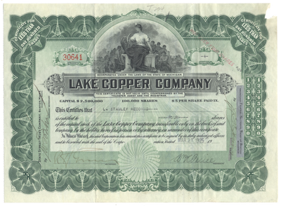 Lake Copper Company Stock Certificate Signed by William Paine