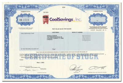 CoolSavings, Inc. Stock Certificate