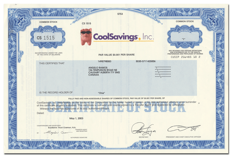 CoolSavings, Inc. Stock Certificate