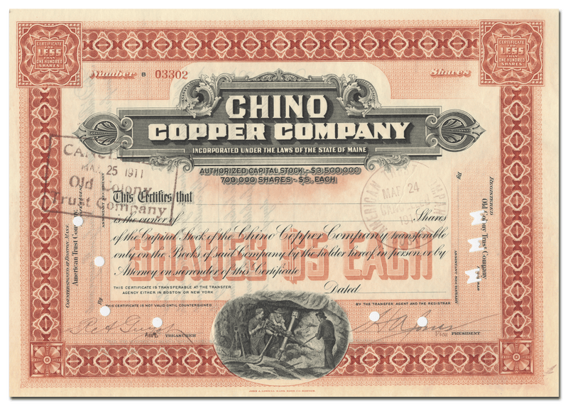 Chino Copper Company Stock Certificate