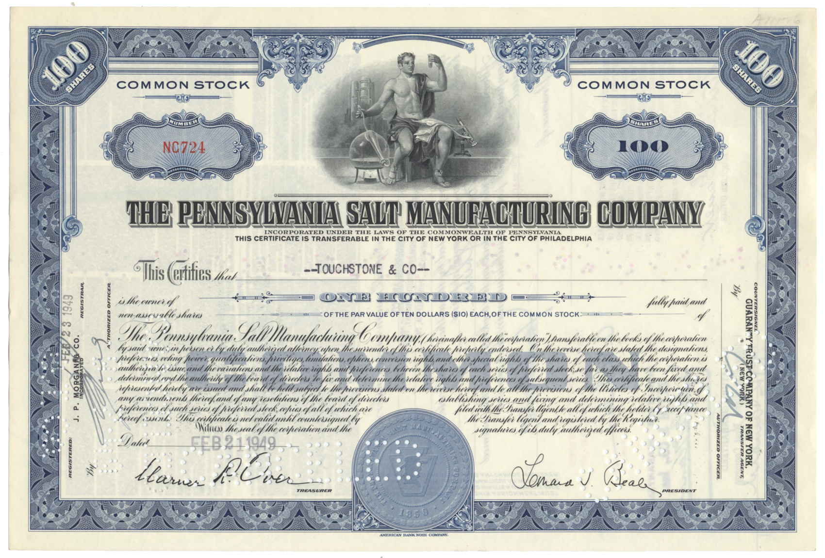 Pennsylvania Salt Manufacturing Company Stock Certificate